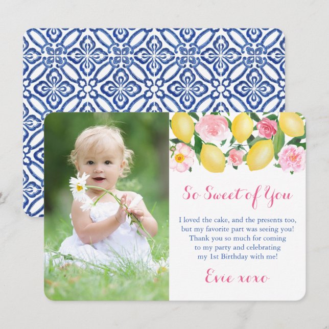 Cartão De Agradecimento Você É Tão Doce Limões Positano Rosa Festa Foto (Frente/Verso)