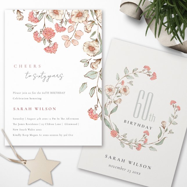 Cartão De Agradecimento Vozes Rosa Flores Fritas 60º Aniversário Convidado (Criador carregado)