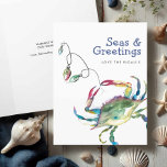 Cartão De Agradecimento Watercolor Beach Cards de Natal Blue Caranguejo<br><div class="desc">Estes cartões de natal de costa apresentam um caranguejo azul-aquarela em tons náuticos e coloridos. As palavras "mares e saudações" são escritas em tipografia divertida. Estes cartões de Natal com tema oceânico abertos para revelar sua saudação personalizada. Use os campos modelo para adicionar seu texto personalizado. Uma escolha costeira para...</div>