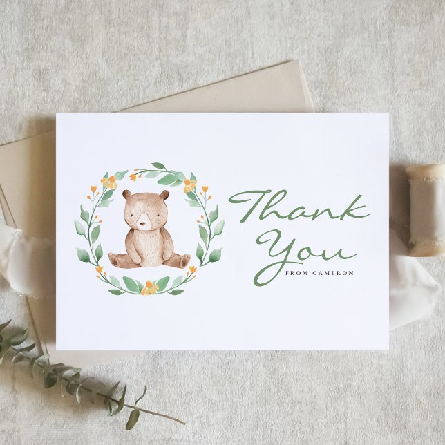 Cartão De Agradecimento Watercolor Bear Bear Greenery Wreath Chá de fralda (Criador carregado)