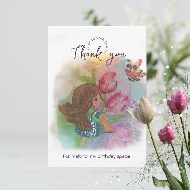 Cartão De Agradecimento Watercolor Birthday Girl Butfly (Watercolor Birthday Girl Butterfly Thank You Card)