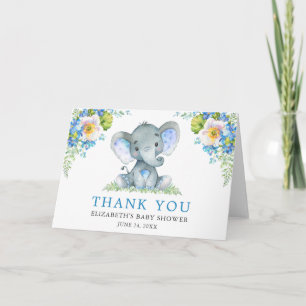 Cartão De Agradecimento Watercolor Blue Floral Elephant Baby Shower Fold
