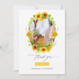 Cartão De Agradecimento Watercolor Boho Sunflower Foto de Casamento