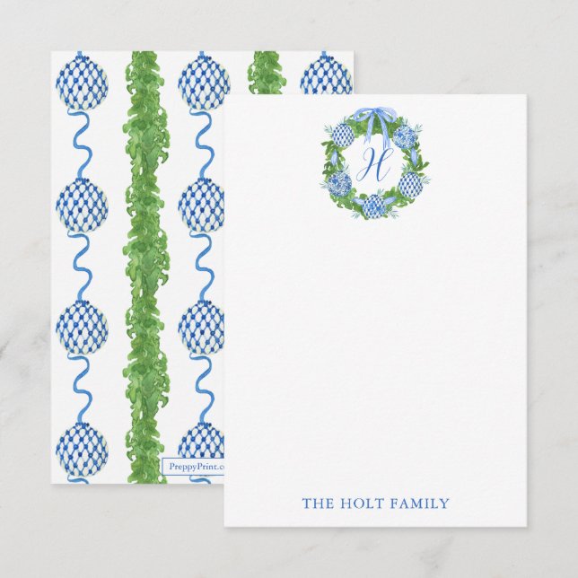 Cartão De Agradecimento Watercolor Chinoiserie Wreath Monograma (Frente/Verso)