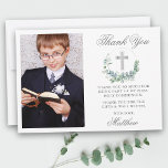 Cartão De Agradecimento Watercolor Eucalyptus First Community Silver<br><div class="desc">O Elegante Cartões de agradecimentos da Primeira Comunhão com a Cruz de Prata. Frente fotográfica. Script de Cinza prateada.</div>