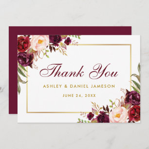 Cartão De Agradecimento Watercolor Floral Burgundy Dourado Casamentos SB