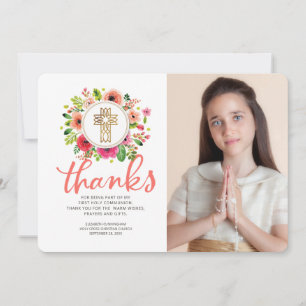Cartão De Agradecimento Watercolor Floral Cross Foto Comunhão Obrigado