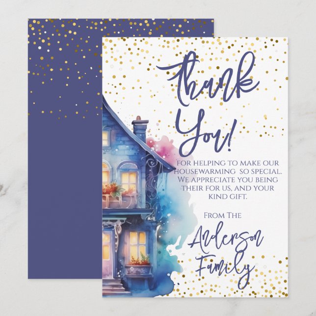 Cartão De Agradecimento Watercolor Housearming Party (Frente/Verso)