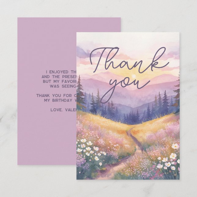 Cartão De Agradecimento Watercolor Landscape Sunrise Nature Purple Tones (Frente/Verso)