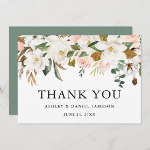 Cartão De Agradecimento Watercolor Magnolias Rosas Sage Green Wedding