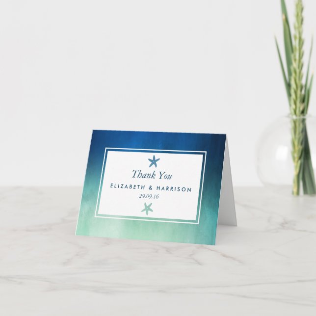 Cartão De Agradecimento Watercolor Ocean Starfish Casamento Praia Obrigado (Frente)