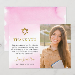 Cartão De Agradecimento Watercolor Pastel Pink Dourado Bat Mitzvah Foto