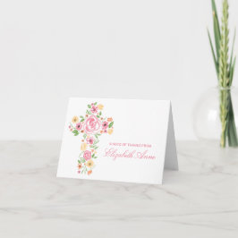 Cartão De Agradecimento Watercolor Pink Flower Cross First Communtion