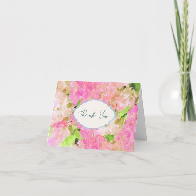 Cartão De Agradecimento Watercolor Pink Hydrangea Garden Wedding Monogram  (Frente)