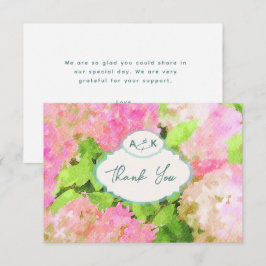 Cartão De Agradecimento Watercolor Pink Hydrangea Garden Wedding Monogram