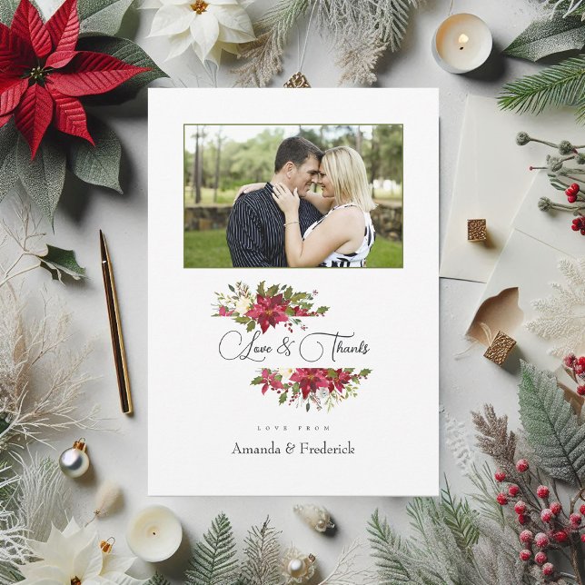 Cartão De Agradecimento Watercolor Poinsettia e Holly Christmas Photo (Watercolor Poinsettia and Holly Christmas Photo Thank You Card)