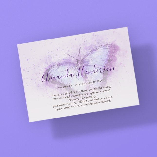 Cartão De Agradecimento Watercolor Purple Butterfly Memorial Obrigado (Criador carregado)