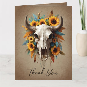 Cartão De Agradecimento Watercolor Sunflower Feather Cow Skull Casamento