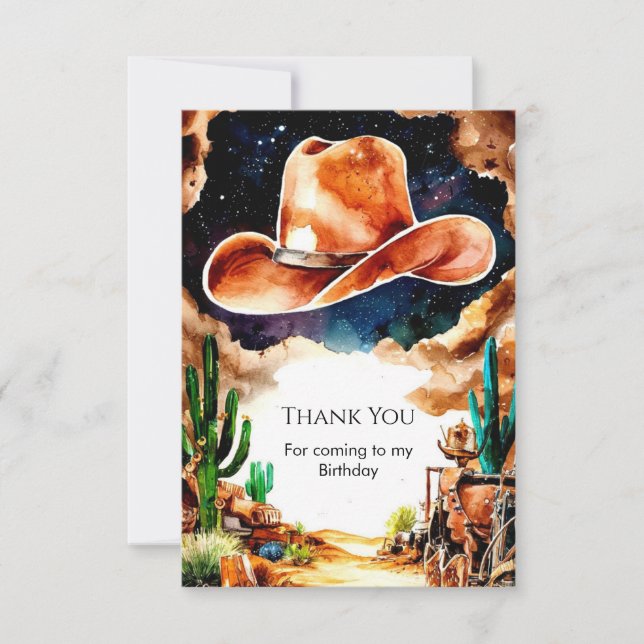 Cartão De Agradecimento Watercolor Western Cowboy Birthday (Frente)