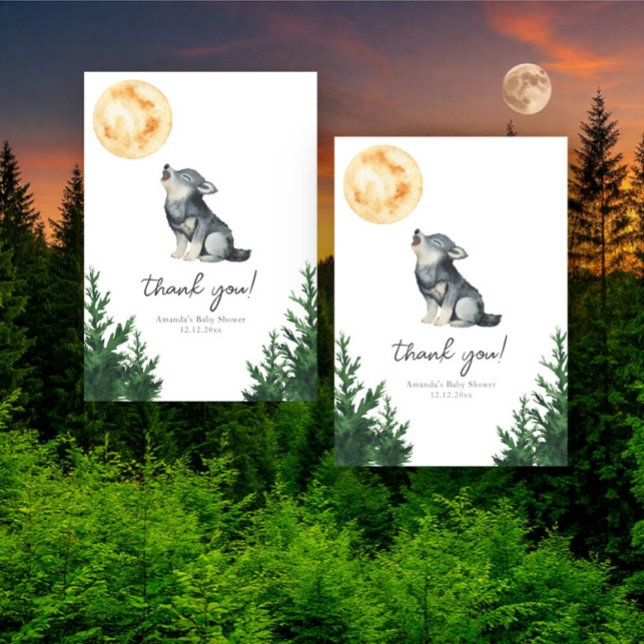 Cartão De Agradecimento Watercolor Wolf Baby Shower Thank you (Criador carregado)