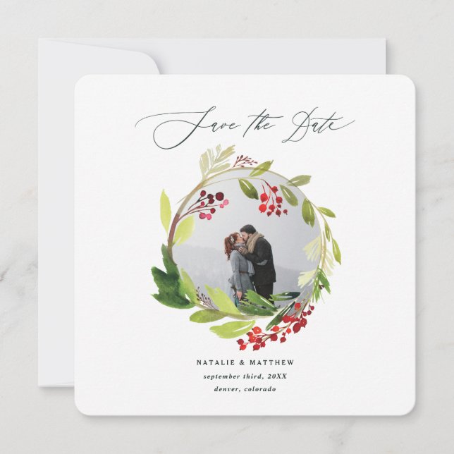 Cartão De Agradecimento Watercolor Wreath Winter Wreath Save date (Frente)