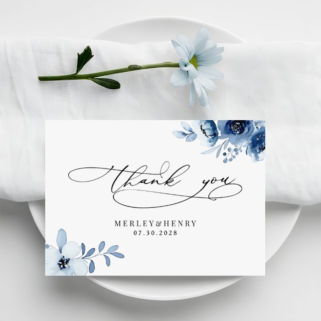 Cartão De Agradecimento Watercolour Dusty Blue Floral Elegant Wedding (Criador carregado)