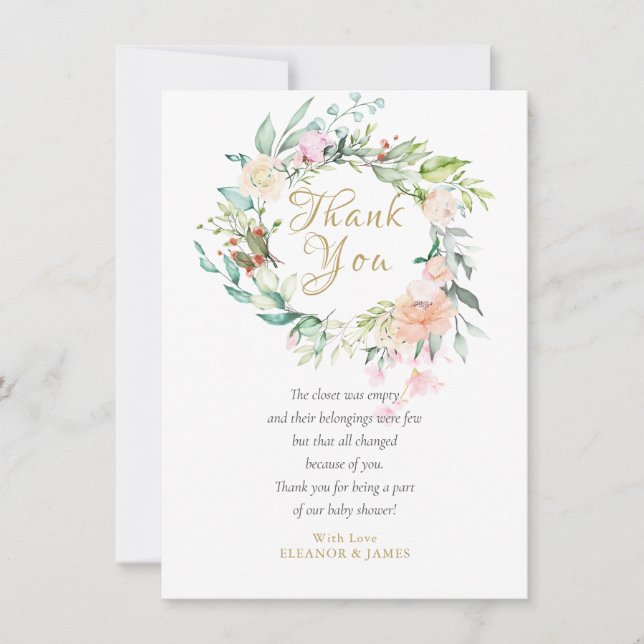 Cartão De Agradecimento Watercolour Rose Floral Baby Shower Thank You Poem (Frente)