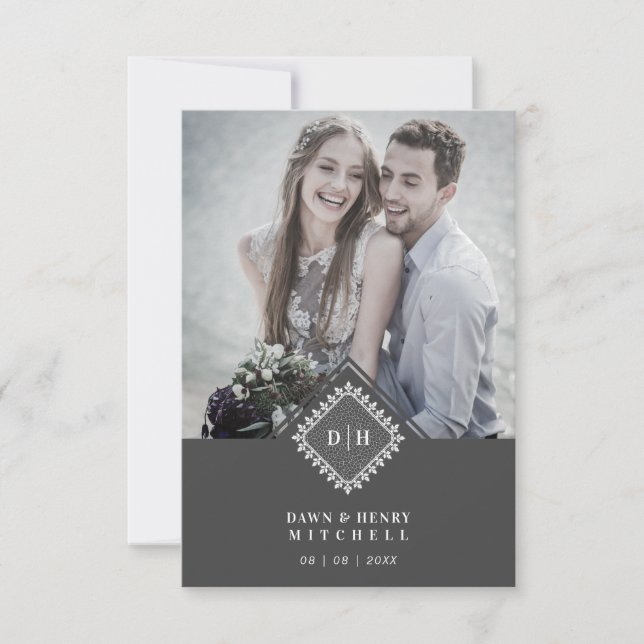 Cartão De Agradecimento Wedding Initials Ornamental Lace Sophisticated (Frente)