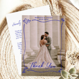 Cartão De Agradecimento Wedding Photo Blue Doodle Heart Overprint Border