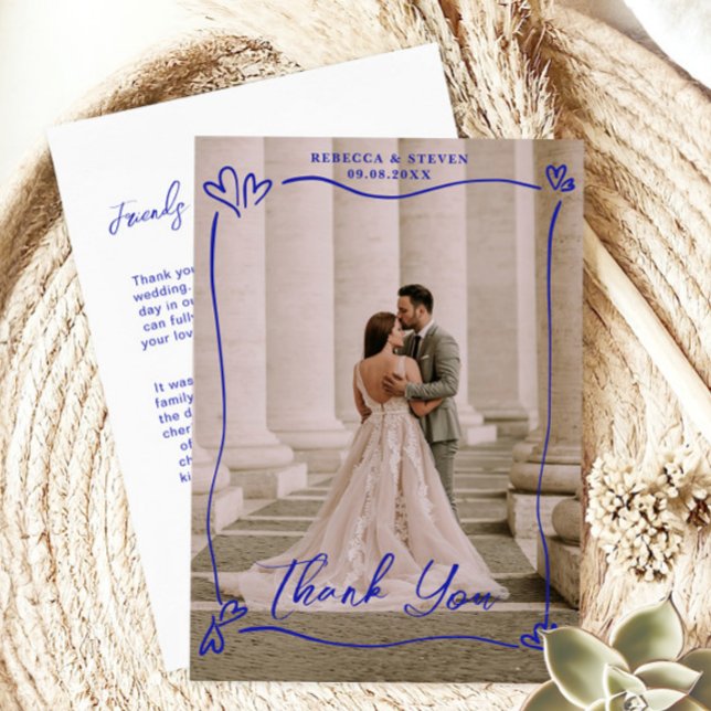 Cartão De Agradecimento Wedding Photo Blue Doodle Heart Overprint Border (Criador carregado)