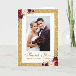 Cartão De Agradecimento Wedding Photo Gold Glitter Burgundy Floral Fold