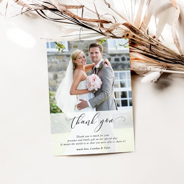 Cartão De Agradecimento WEDDING THANK YOU photo calligraphy chic overlay (Criador carregado)