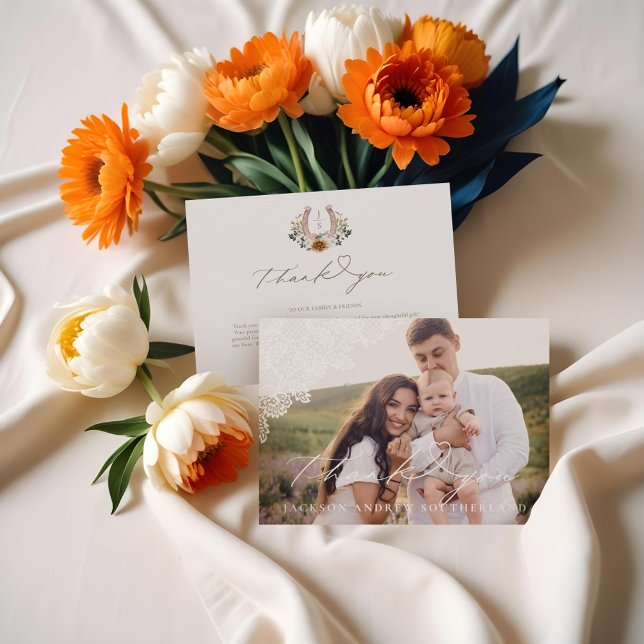 Cartão De Agradecimento Western Lace Floral Horsfere Baby Photo (Western Lace Floral Horseshoe Baby Photo Thank You Card)