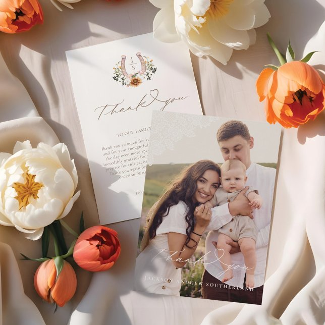 Cartão De Agradecimento Western Lace Floral Horsfere Baby Photo (Western Lace Floral Horseshoe Baby Photo Thank You Card)