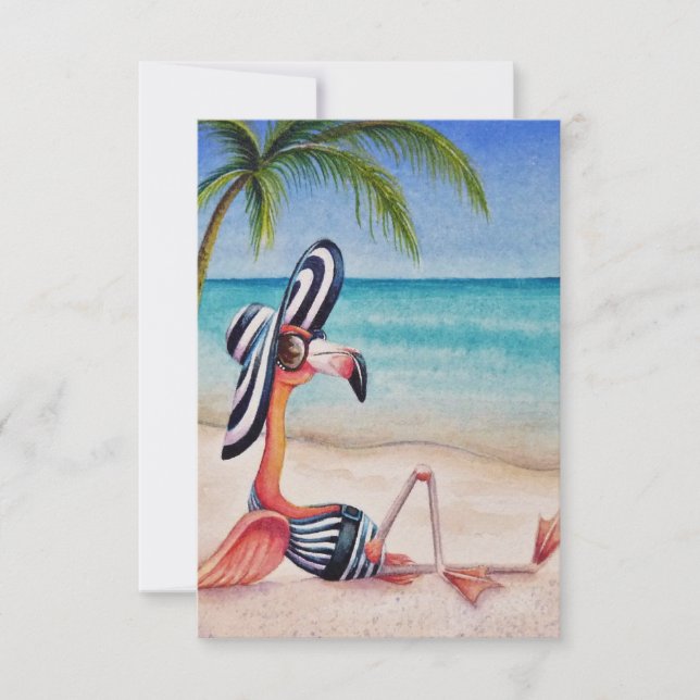 Cartão De Agradecimento Whimsical Beach Babe Pink Flamingo No. 1 (Frente)