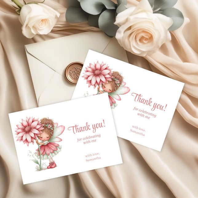 Cartão De Agradecimento Whimsical Cute Fairy Blush Floral 1st Birthday  (Whimsical Cute Fairy Blush Floral 1st Birthday Thank You Card)