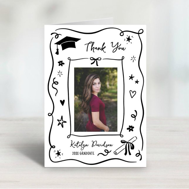 Cartão De Agradecimento Whimsical Doodle Photo Graduation (Criador carregado)