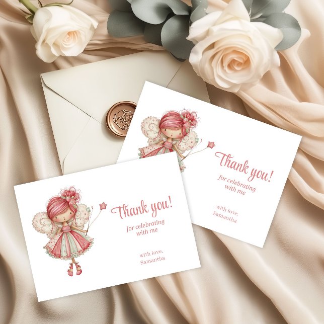 Cartão De Agradecimento Whimsical Fairy Blush Pink Flowers 7th Birthday   (Whimsical Fairy Blush Pink Flowers 7th Birthday Thank You Card)