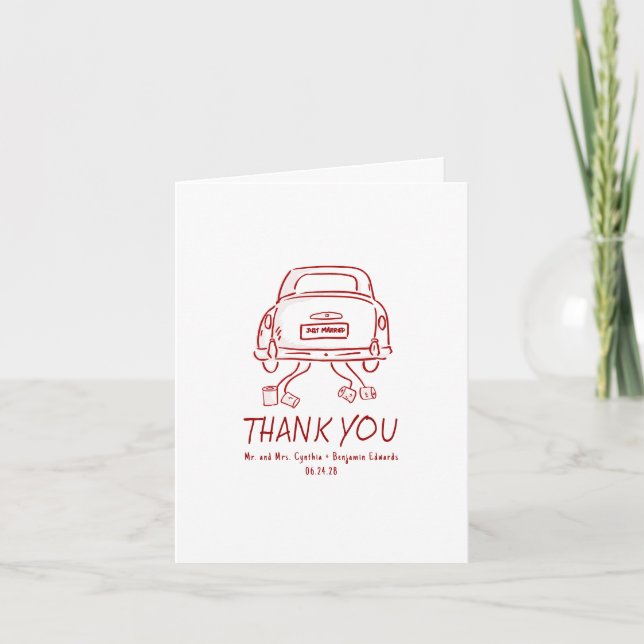 Cartão De Agradecimento Whimsical Hand Drawn Just Married Car Wedding (Frente)
