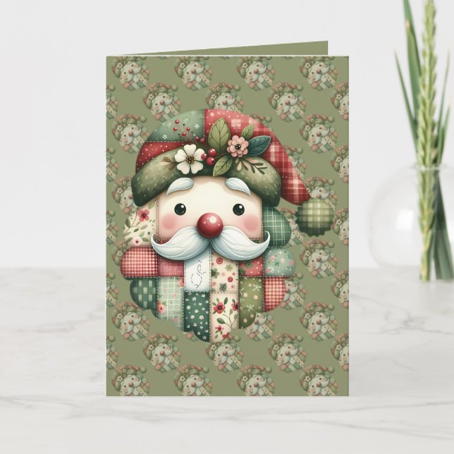 Cartão De Agradecimento Whimsical Patchwork Santa Folk Christmas Card (Frente)
