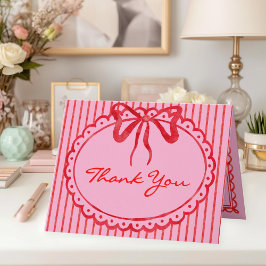 Cartão De Agradecimento Whimsical Red Pink Watercolor Bow Stripe Wedding