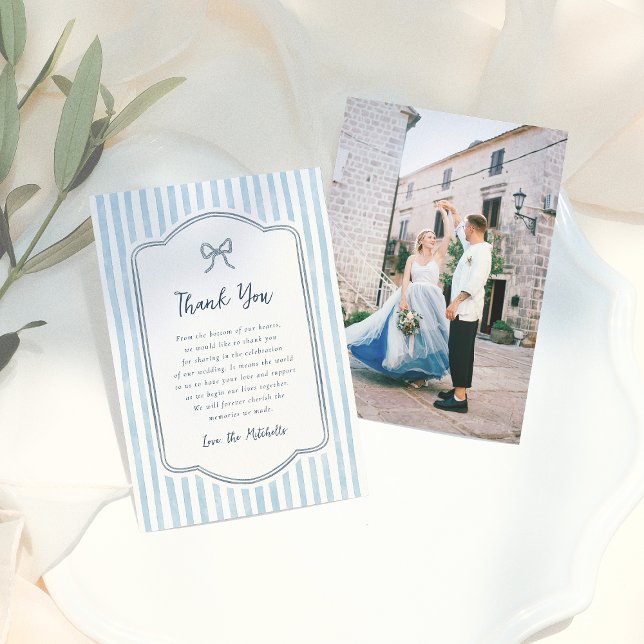 Cartão De Agradecimento Whimsical Retro Bow & Blue Stripes Wedding (Criador carregado)