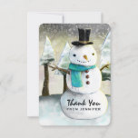 Cartão De Agradecimento Whimsical Snowman Winter Scene Christmas Obrigado<br><div class="desc">Um cartões de agradecimentos com um desenho bonito com um boneco de neve vestindo um legal chapéu e cachecol. O fundo tem uma linha de pinheiros brancos cobertos de neve.</div>