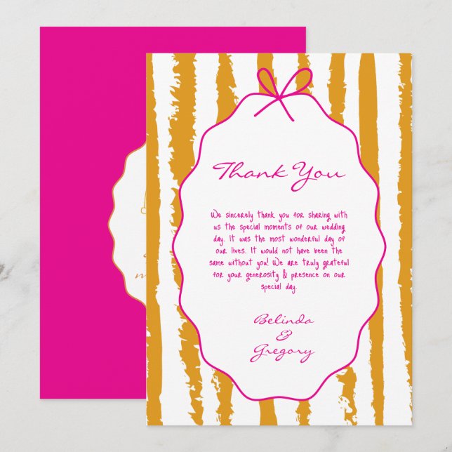 Cartão De Agradecimento Whimsical Stripes Handwritten Painted Wedding  (Frente/Verso)