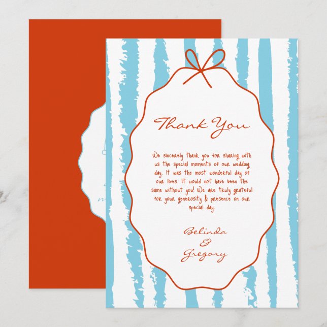 Cartão De Agradecimento Whimsical Stripes Handwritten Painted Wedding  (Frente/Verso)
