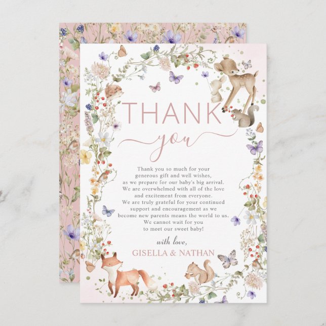Cartão De Agradecimento Whimsical Woodland Animals Wildflower Baby Shower (Frente/Verso)