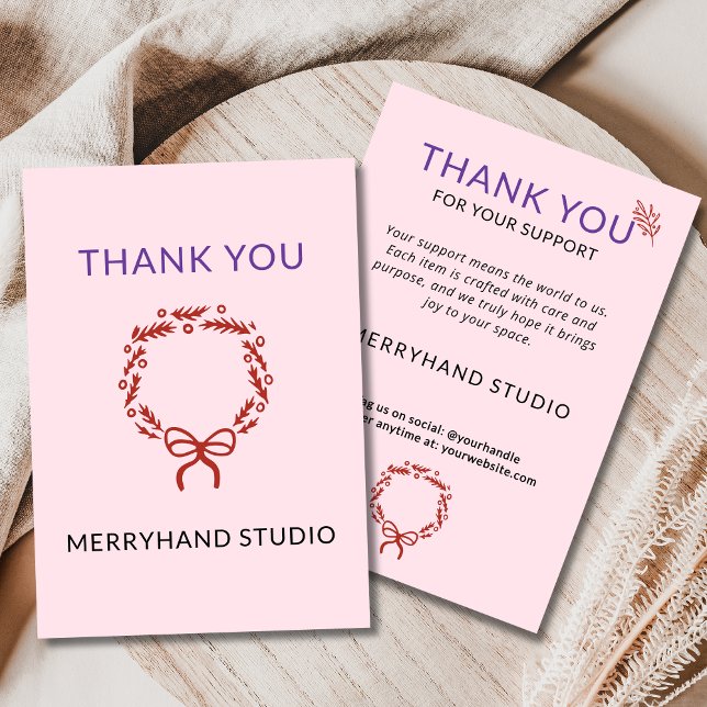 Cartão De Agradecimento Whimsso Christmas Pink Wreath Funky (Criador carregado)