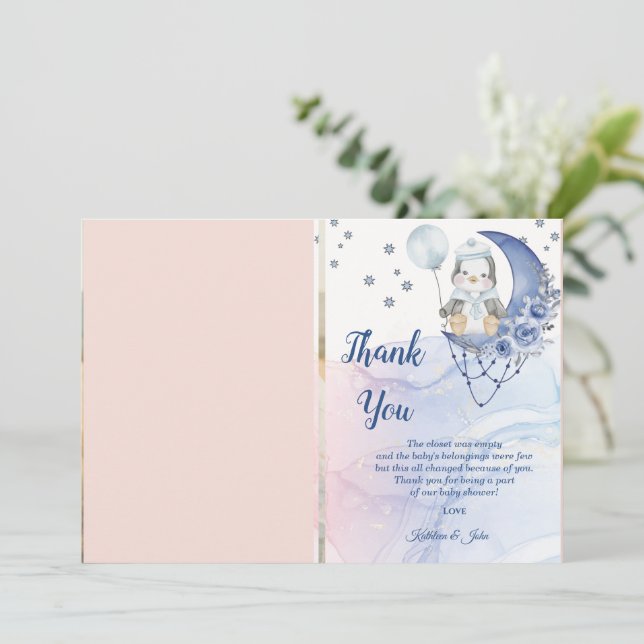 Cartão De Agradecimento Whimsso Wonderland Blue Penguin Chá de fraldas (Em pé/Frente)