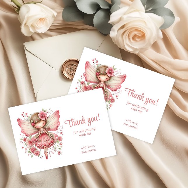 Cartão De Agradecimento Whimsy Cute Blush Fairy Flowers 7th Birthday Thank (Whimsy Cute Blush Fairy Flowers 7th Birthday Thank You Card)