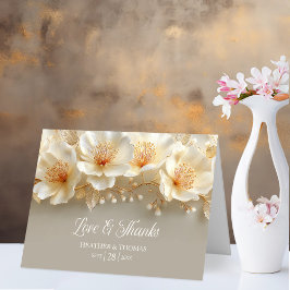 Cartão De Agradecimento White and Gold Floral Love and Thanks Wedding